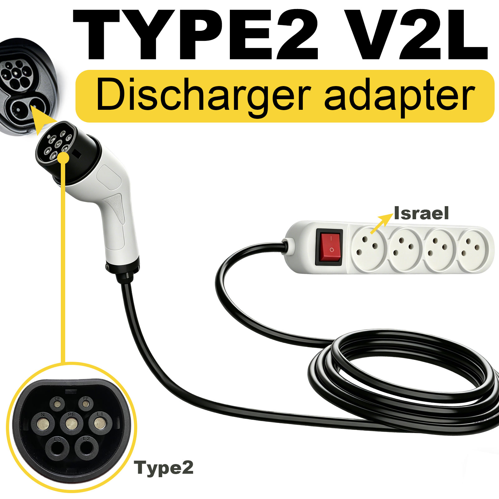 Outdoor Power Station - Type2 V2L Discharge Adapter Israel Socket